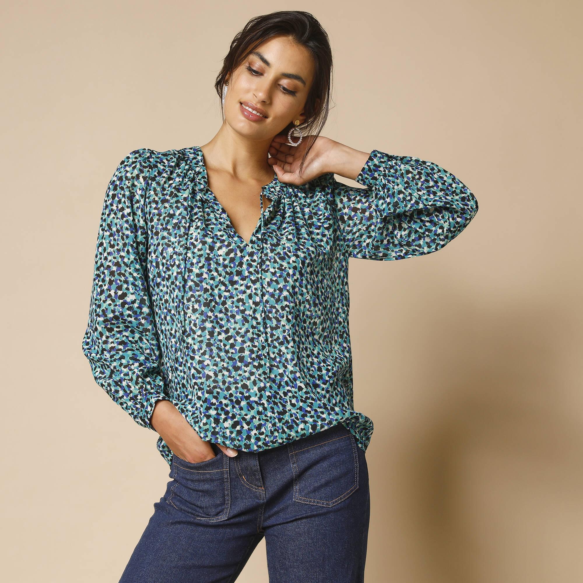 Blouse col tunisien imprimé animalier, manches longues – Vert – Lora Zellini