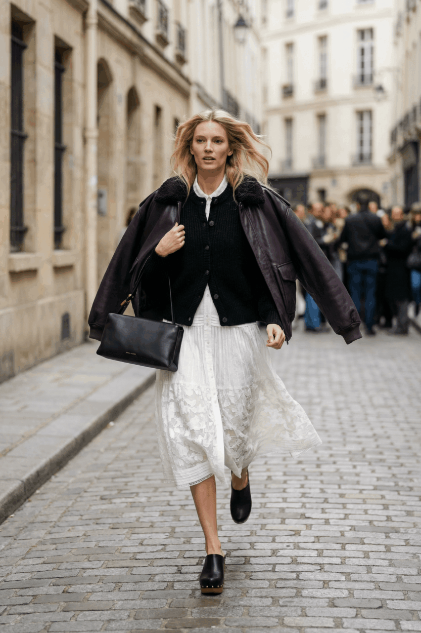 image-tenue-debut-printemps-robe-chemise-blanche-blouson-cuir-cardigan-noir