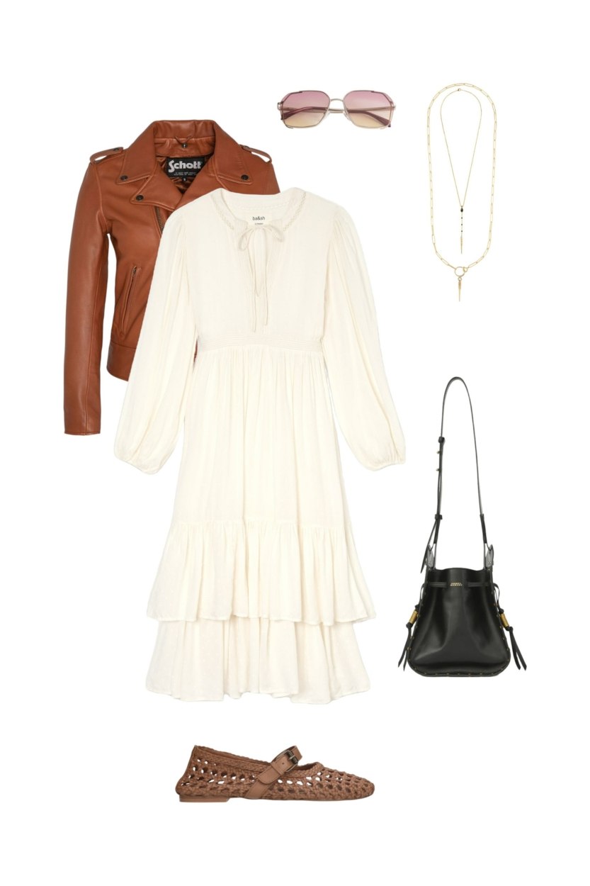 Tenue avec une robe à dentelle écrue et une veste en cuir lisse marron