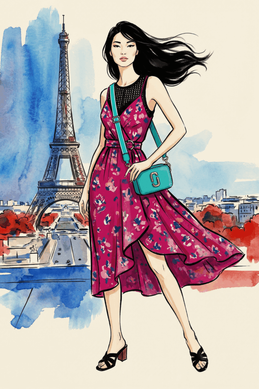 Tenue de printemps avec une robe imprim&eacute;e sans manches