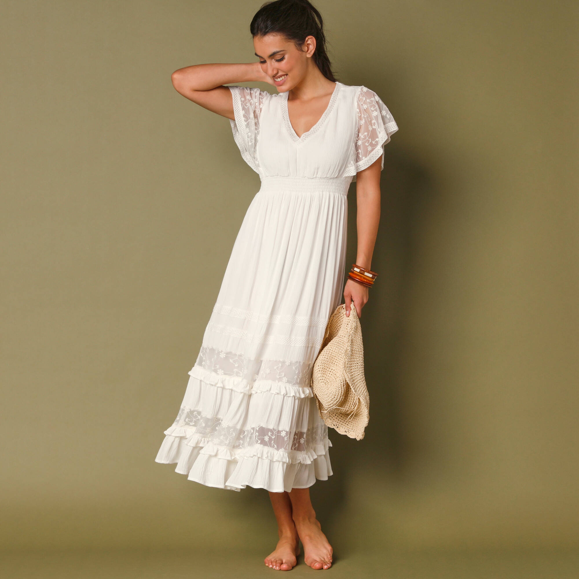 Robe longue crépon et tulle brodé