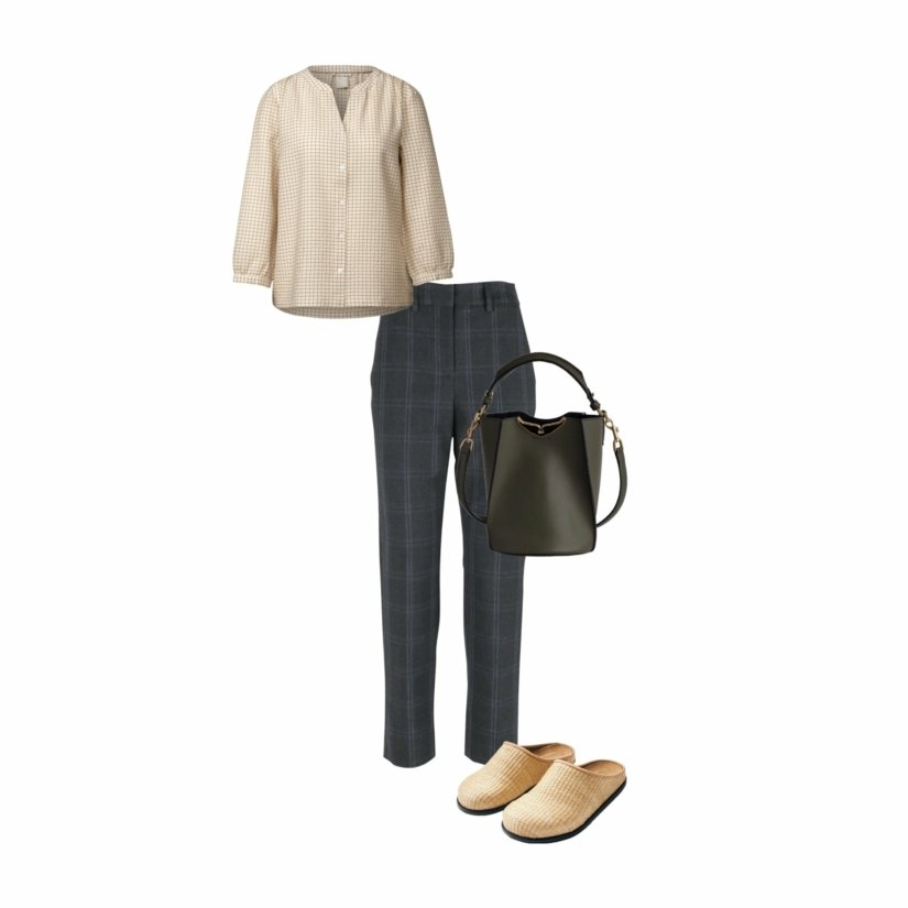 Tenue décontractée avec un pantalon gris à carreaux et une blouse beige à vichy