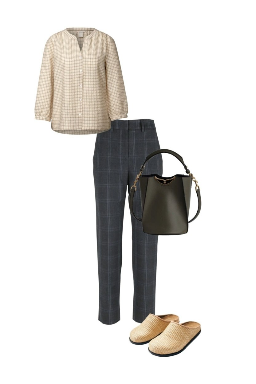 Tenue décontractée avec un pantalon gris à carreaux et une blouse beige à vichy