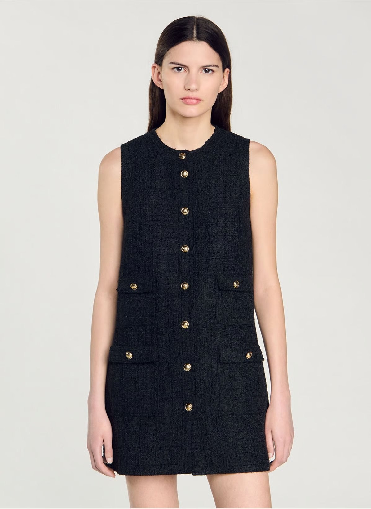 Sandro – Robe courte col rond en tweed – Noir à 265,00 € chez Printemps