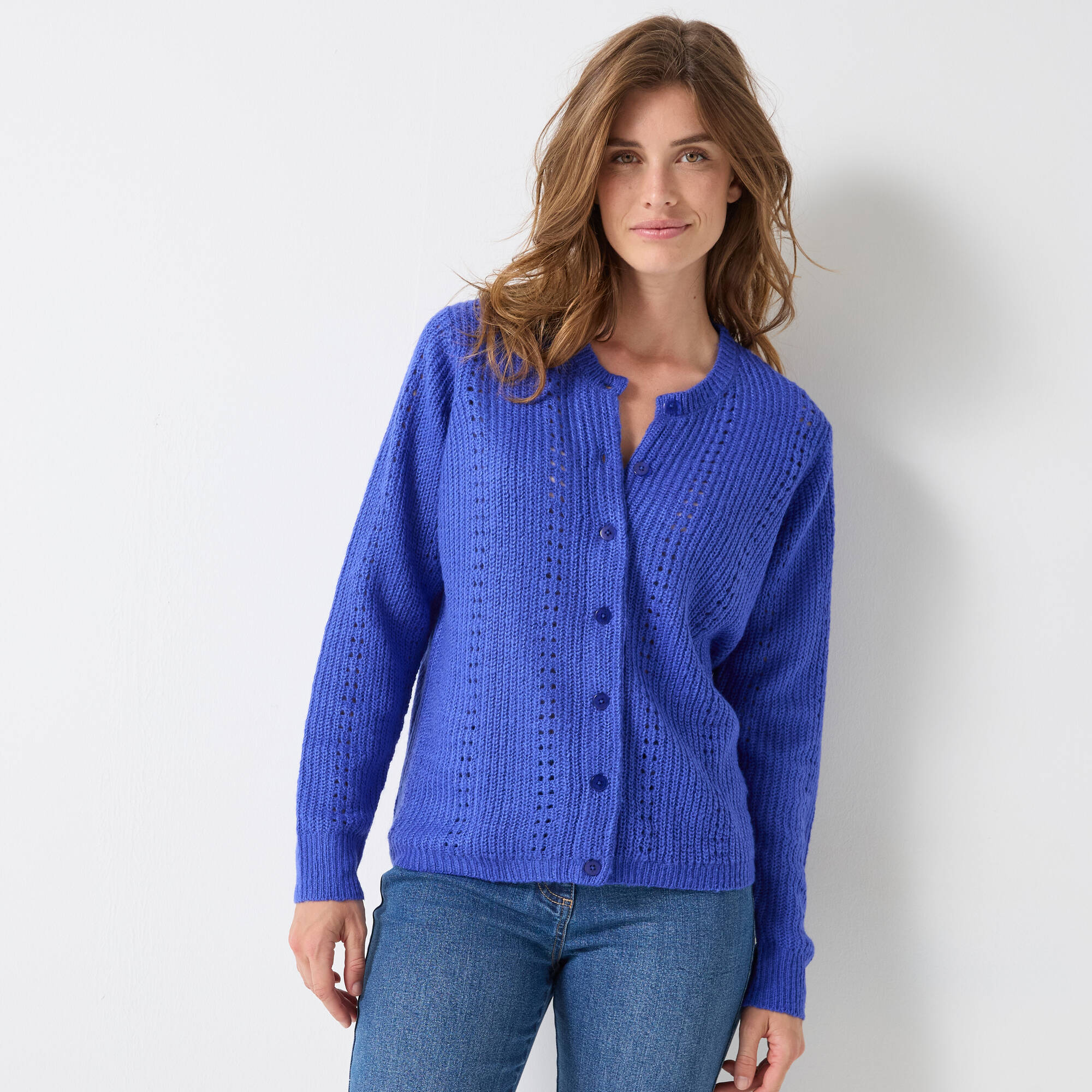 Cardigan boutonné maille fantaisie, toucher doux