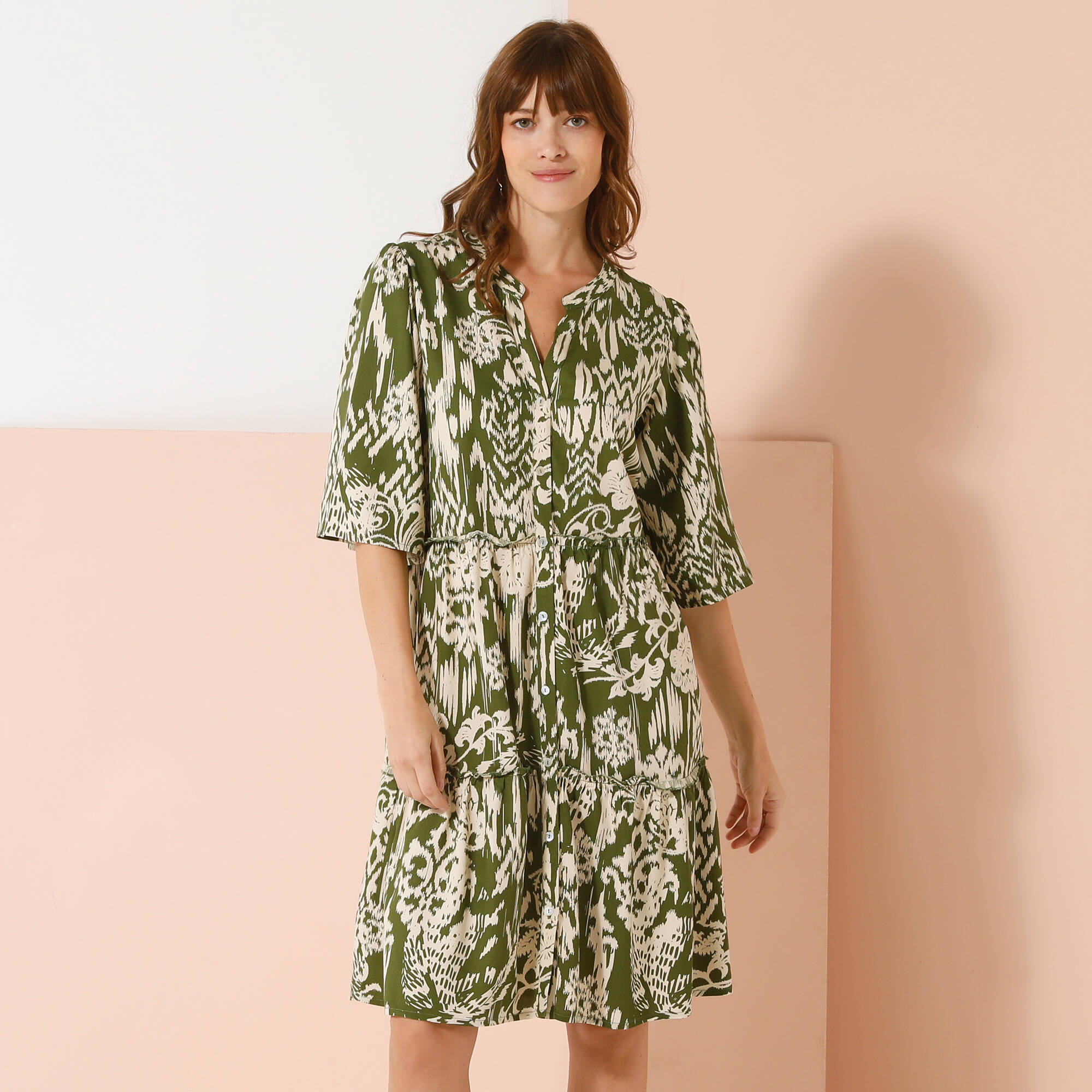 Lora Zellini&nbsp;&ndash;&nbsp;Robe &eacute;vas&eacute;e &agrave; volants, imprim&eacute; ethnique bicolore &ndash; Blancheporte &agrave; <del>17,00&nbsp;&euro;</del>&nbsp;13,60&nbsp;&euro; chez Blancheporte