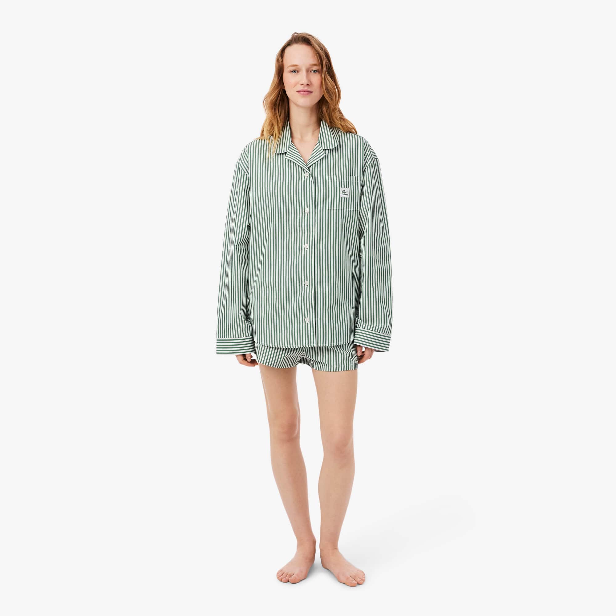 Lacoste Ensemble de pyjama ray&eacute; popeline oversize Taille M Vert/blanc