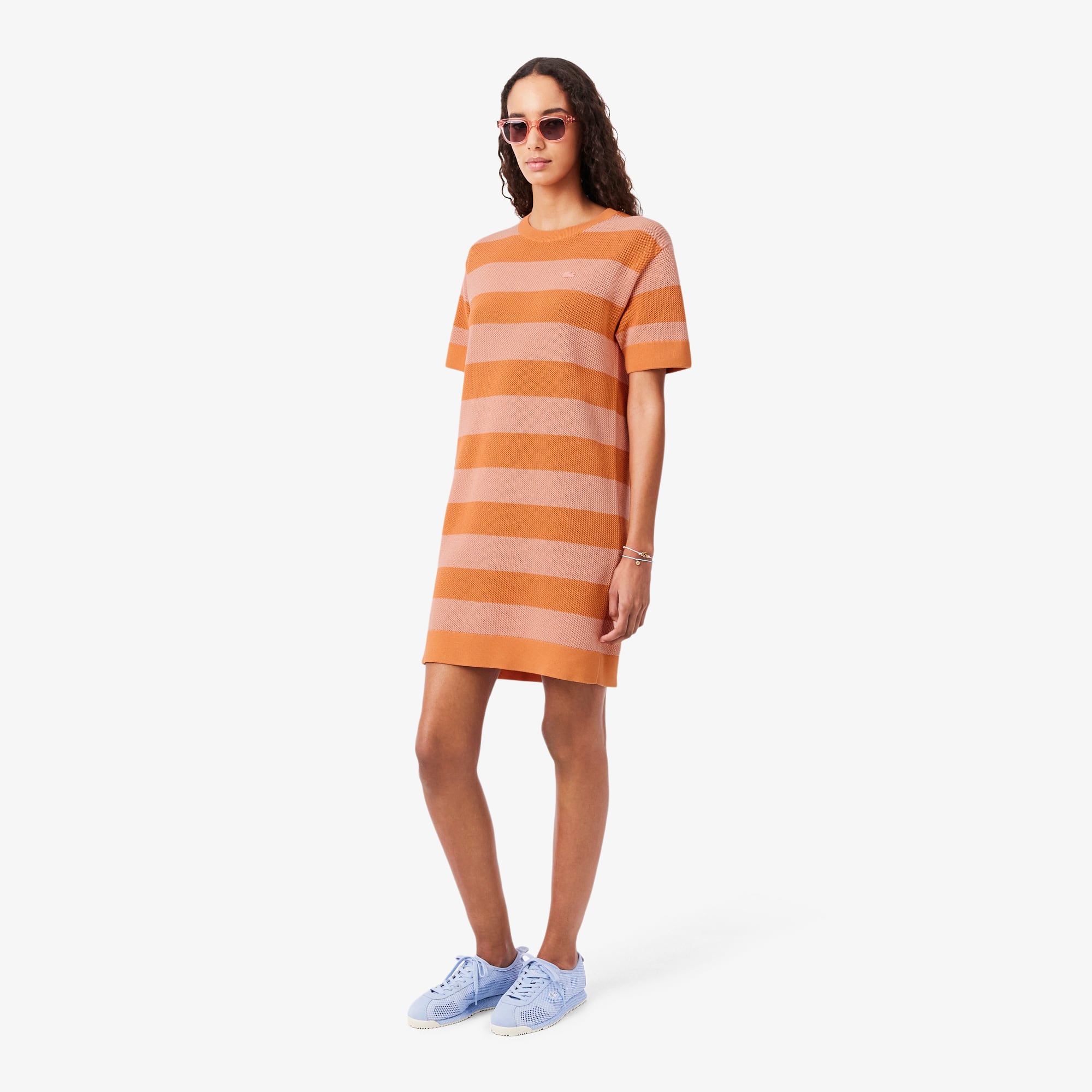 Lacoste Robe t-shirt maille r&eacute;sille rayures Taille 38 Orange/rose