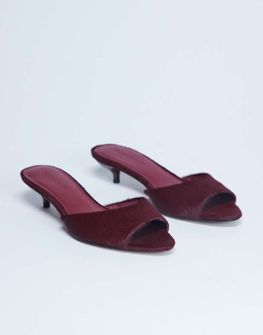 Topshop &ndash; Alba &ndash; Mules en cuir poulain v&eacute;ritable &agrave; petit talon et bout ouvert &ndash; Rouge