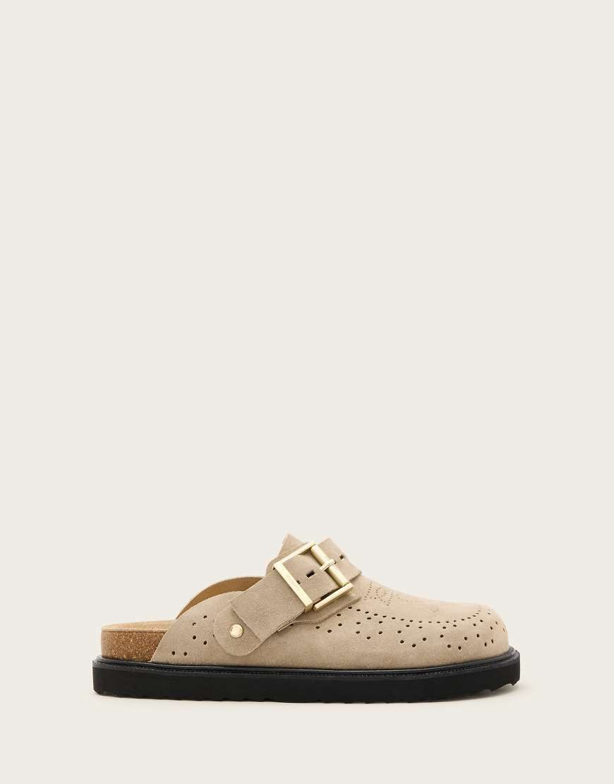 AllSaints &ndash; Skye &ndash; Mules en daim &agrave; boucles &ndash; Sable-Neutral