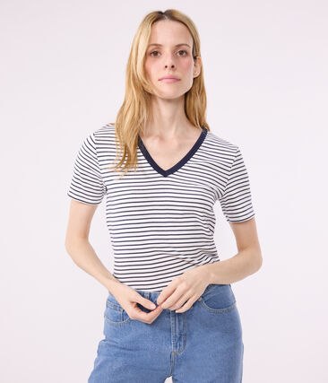 Tee-shirt l&rsquo;Iconique col V en coton ray&eacute; femme Petit Bateau &ndash; blanc &ndash; Taille XXS