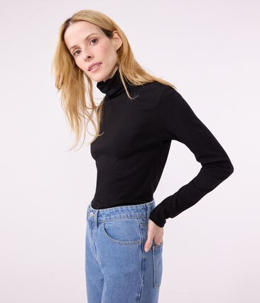 Tee-shirt l&rsquo;Iconique Col roul&eacute; en coton femme Petit Bateau &ndash; noir &ndash; Taille XXS