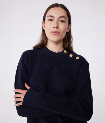 Pull marin femme en coton uni Petit Bateau &ndash; bleu &ndash; Taille XXS