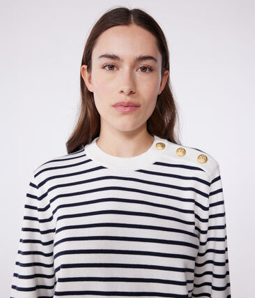 Pull marin femme en coton &agrave; rayures Petit Bateau &ndash; blanc &ndash; Taille XXS