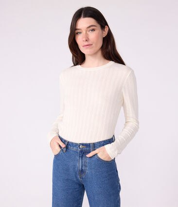 Tee-shirt femme l&rsquo;iconique en coton ajour&eacute; manches longues Petit Bateau &ndash; &eacute;cru &ndash; Taille XL