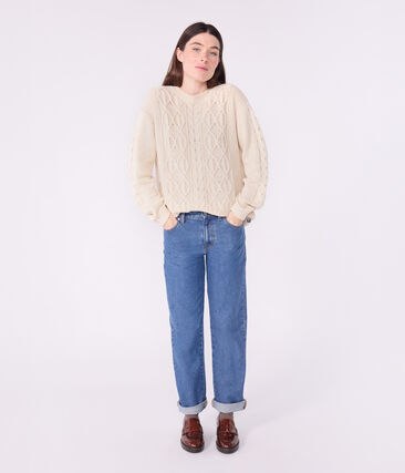 Pull femme en laine et coton torsad&eacute; uni Petit Bateau &ndash; &eacute;cru &ndash; Taille XL