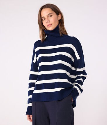 Pull col montant femme en laine et coton &agrave; rayures Petit Bateau &ndash; bleu &ndash; Taille XS