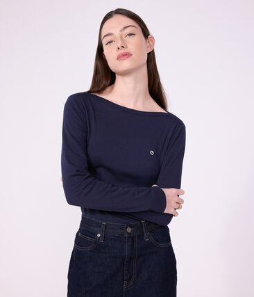 Tee-shirt femme col amiral en coton manches longues Petit Bateau &ndash; bleu &ndash; Taille XL