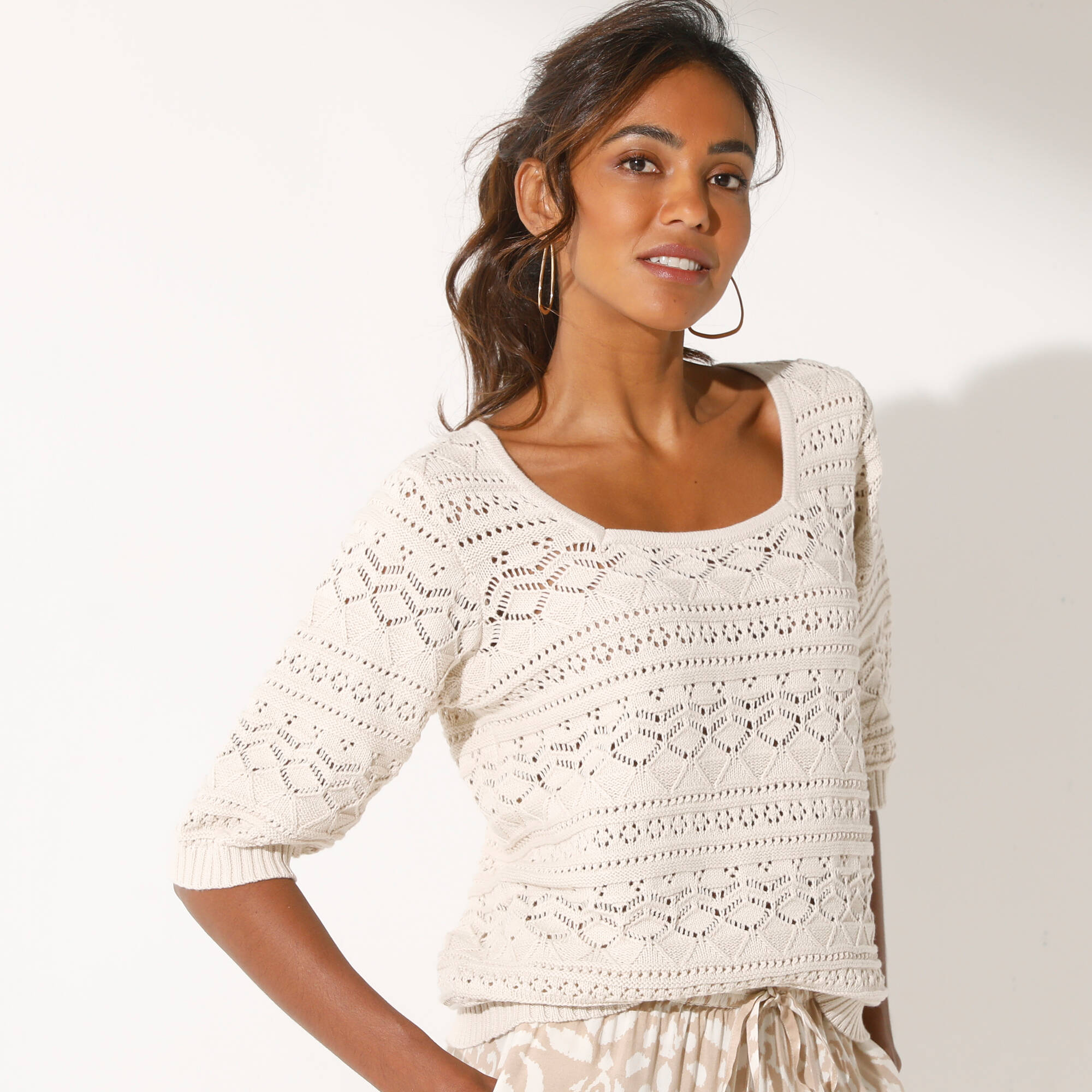 Pull col carr&eacute; uni, maille ajour&eacute;e &ndash; Blancheporte