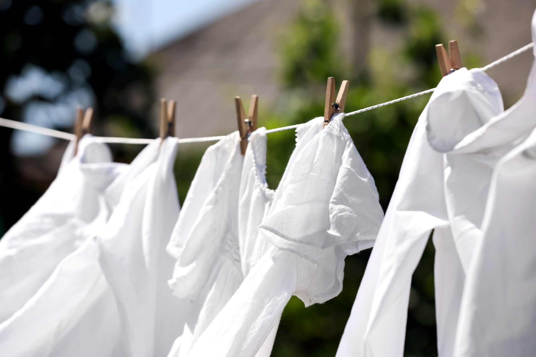 Clean clothes hanging on washing line in garden, closeup. Drying laundry. © New Africa/Shutterstock