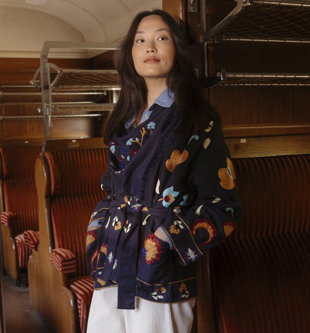 Veste kimono brodée Femme DIMB – Imprimé marine