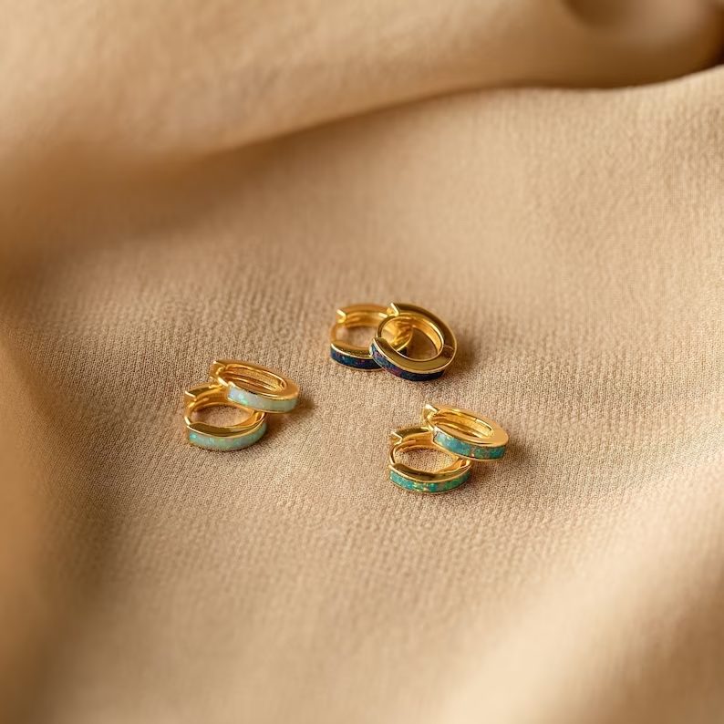 Opal Inlay Huggie Earrings by Caitlyn Minimalist • Fire Opal Hoop Earrings • Dainty Blue & Green Gemstone Earrings • Gift for Her • ER212