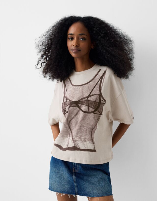 Bershka T-Shirt Manches Courtes Imprimé Femme M Camel