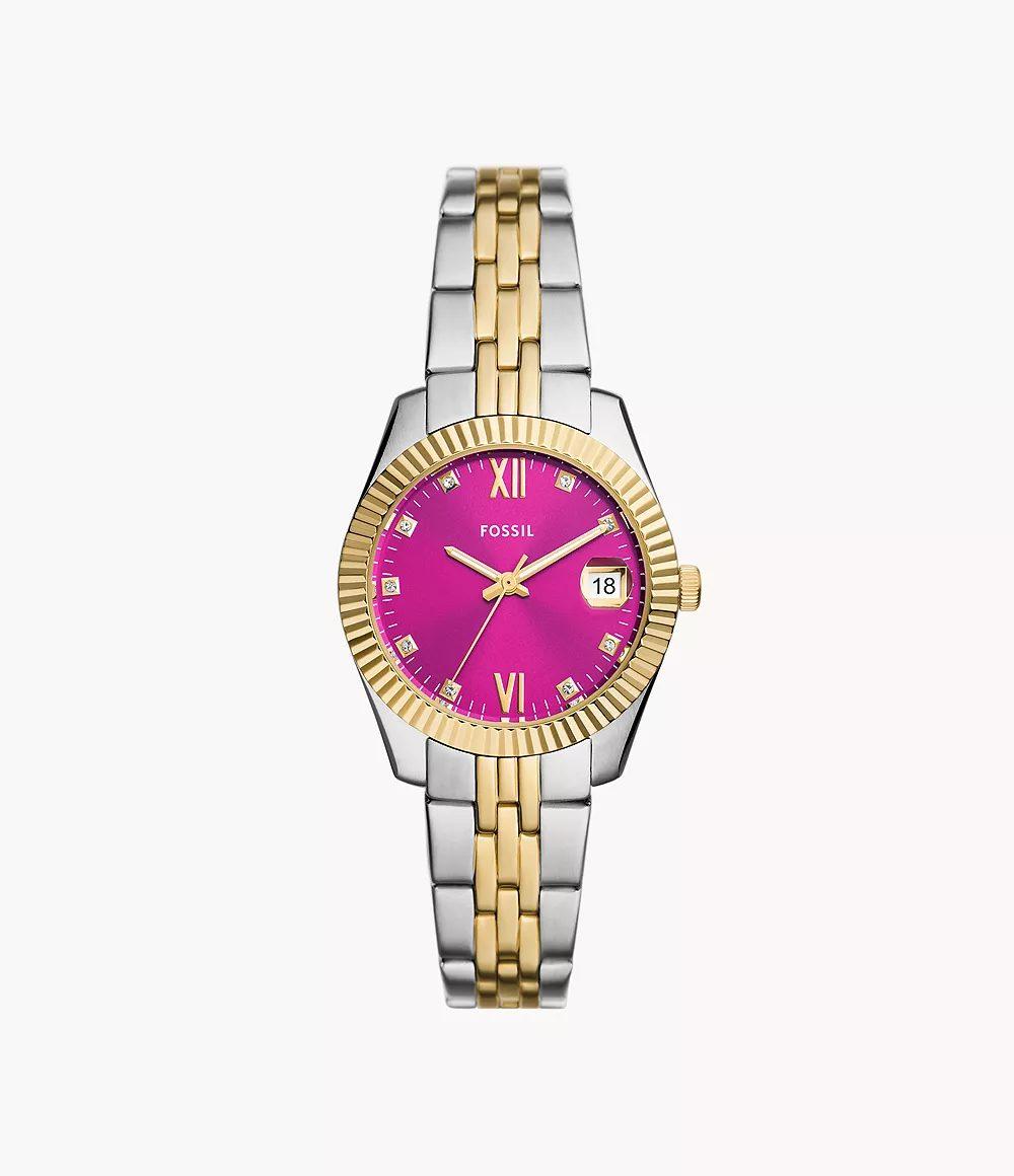 Fossil – Montre Scarlette à trois aiguilles avec date, en acier inoxydable, bicolore à 149,00 € chez Fossil